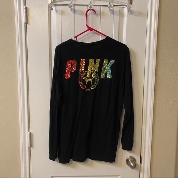 Victorias Secret PINK Longsleeve Rainbow Ombré Sequined logo Campus Tee - Picture 3 of 5